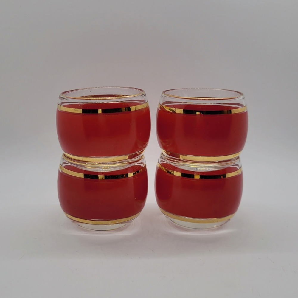 Vintage Red and Gold Roly Poly Glasses Mid Century Modern Barware Set of 4